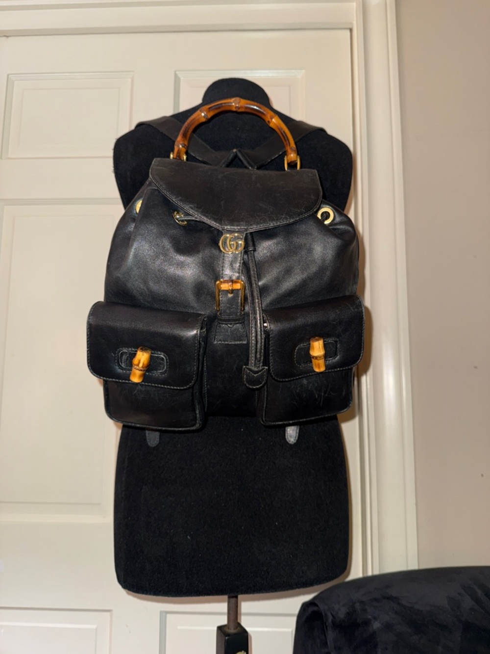 Gucci Vintage Bamboo Backpack Black Leather  Bag